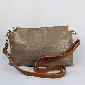 VALENTINA Italian Leather Croc Embossed Crossbody Bag Taupe Made in Italy